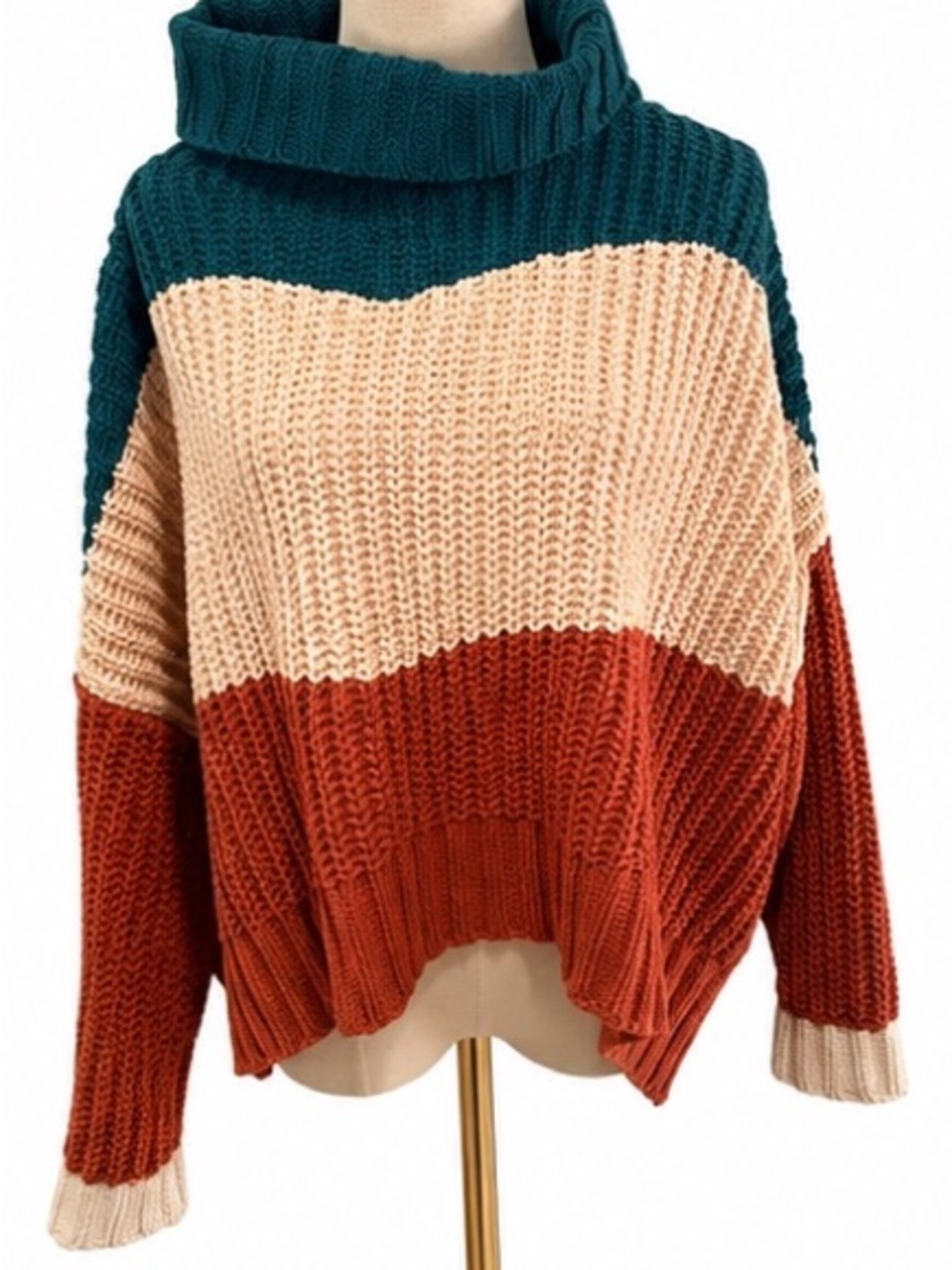 POL Oversized Chunky Knit Color Block Turtleneck Sweater Teal Cream Rust Medium